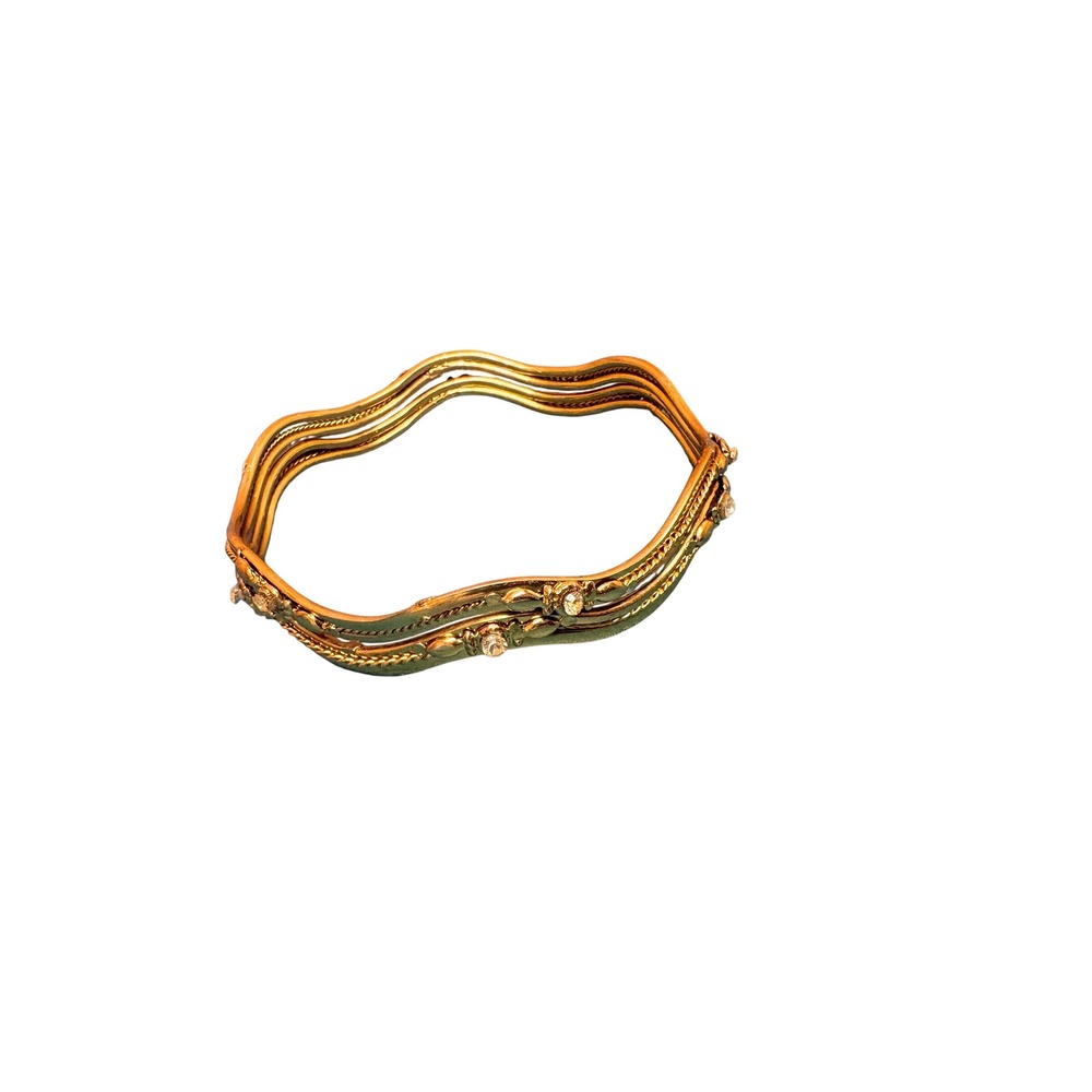 Vintage Gold Tone Wavy Rhinestone Bangle Bracelet Set Stackable Boho 2pc